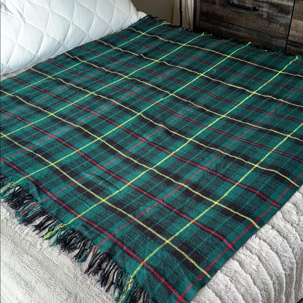 Plaid Fringe Throw Blanket 49.5”x49” green, red, yellow, black GUC